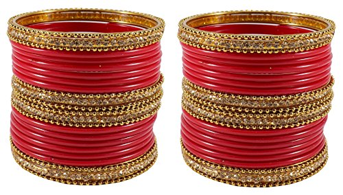 Image of NMII Glass With Zircon Gemstone Studded Worked and Ball Chain Or Plane Gloosy Finished Bangles Set For Women and Girls