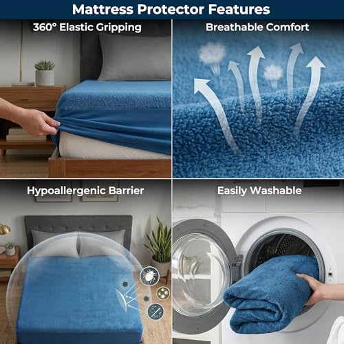 Image of Waterproof and Dustproof Terry Cotton Mattress Protector - 78 X 72 Inches, King Size, Blue