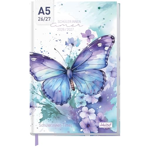 Schulstuff Schüler:innen-Timer 2026 2027 A5 - organisiert durchs neue Schuljahr - Flexocover Schülerkalender Schülerplaner Hausaufgabenheft Butterfly