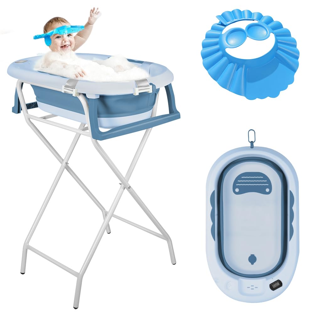 Bañera para bebés con soporte, ergonómica para bebés, con soporte, cierre compacto, organizador para padres, hasta 10 kg, Style 5, 81,5 x 48 x 21 cm, azul