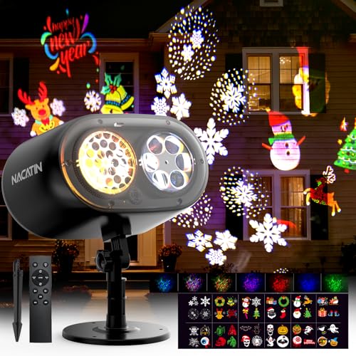 NACATIN Christmas Halloween Projector Lights Outdoor 2-in-1 No-Card Design with Remote 12 HD Patterns & 7 Ocean Wave Effects IP65 Waterproof Holiday Projector for Yard Garden House Decor