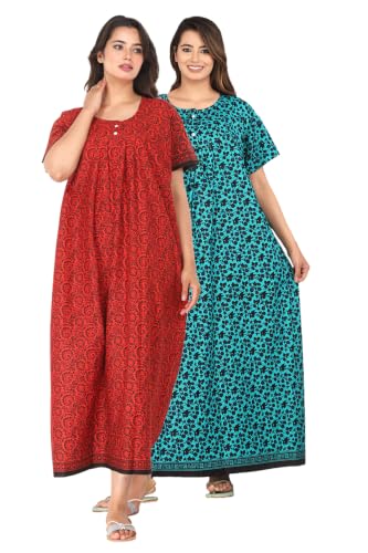 Image of Kuruti B Sheets Cotton Nighty for Women Jaipuri Print 2 Button Round Neck Short Sleeve Night Gown | Maxi Dress