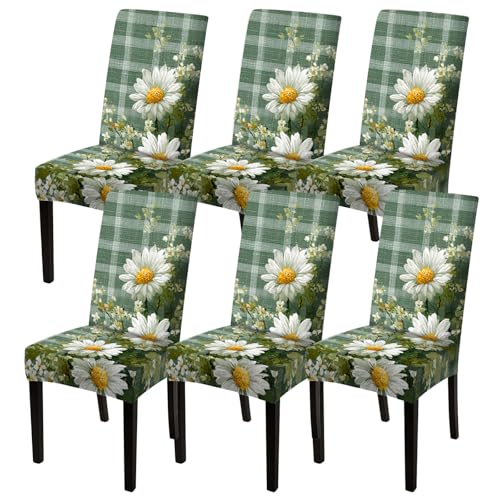 Image of Nuxovilar 6PCS Daisy Plaid Pattern Milk Silk Dining Seat Covers | Stretch Slipcover Retro Protector Floral Plaid Wrap Seat Guard Dining Room Kitchen Breakfast Nook (Daisy Plaid)