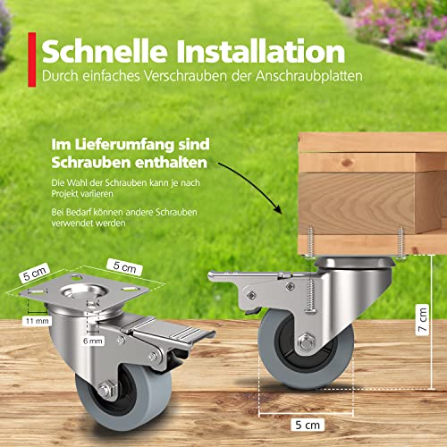 RAVN HAMAN 4er Set Möbelrollen 50 mm - Schwerlastrollen mit Bremse bis 35 kg pro Rad - Transportrollen für innen und außen - Lenkrollen für viele Bodenarten - Räder für Palettenmöbel