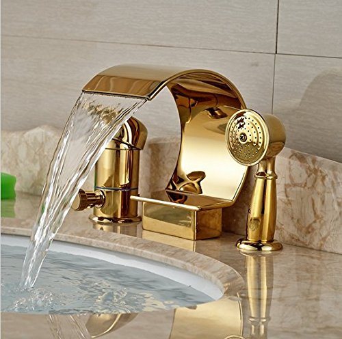 GOWELuxury Golden Brass Waterfall Bathroom Tub Faucet Diverter W/Hand Sprayer Mixer