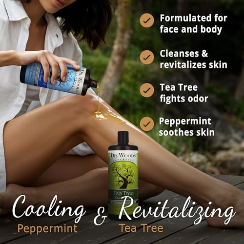 Dr. Woods Liquid Castile Soap - Pure Tea Tree Oil and Peppermint Soap, Body Wash for Men and Women, Contains Organic Shea Butter, Natural Cleaner for Face, Hands, and Body - 32 Fl Oz, Pack of 2