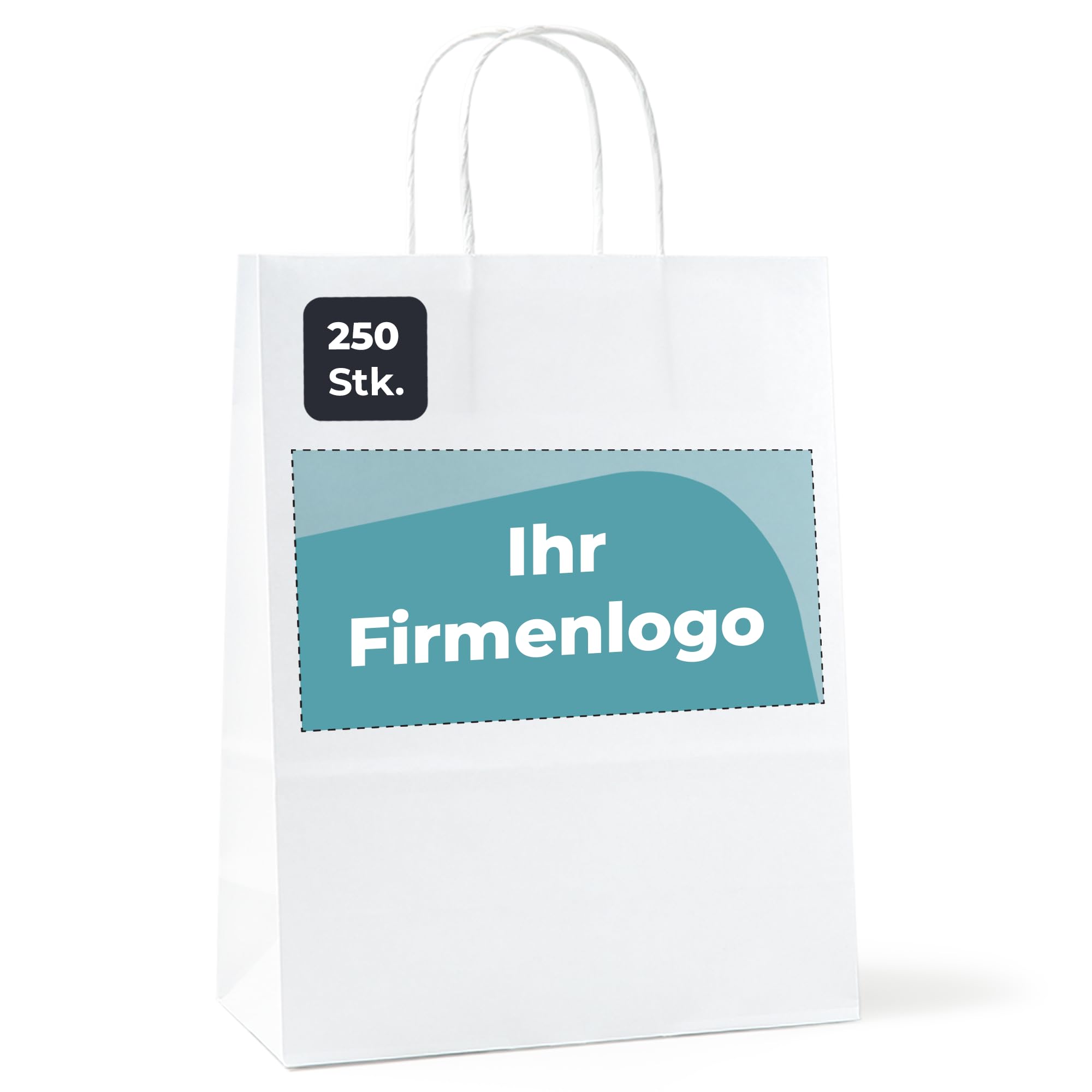 Cimpress Personalisierte Papiertüten mit Henkel weiß, Foto, Logo oder Text hinzufügen, 22 × 30 cm Dezenter Aufdruck, 250 Stück, Kraft-Geschenktüten für Einzelhandel, Boutiquen, Geburtstage, Hochzeiten