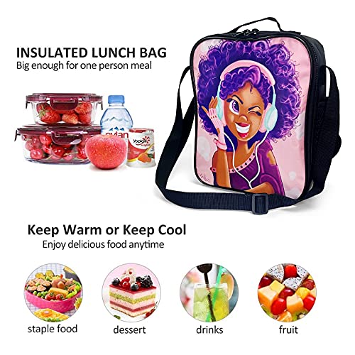 Cezehaji African American Black Girl Lunch Bag Insulated Lunch Box Tote For Kids Girls Toddler Teens Pink Reusable Canvas Lunch Bags With Shoulder Strap #TOP4