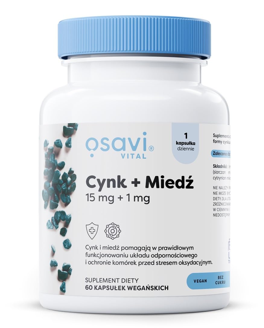 Osavi Cynk + Miedź, 15 mg + 1 mg – 60 wegańskich kapsułek | Organiczne chelaty cynku i cytrynian miedzi | Wspomaga układ odpornościowy i chroni komórki przed stresem oksydacyjnym