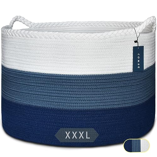 Image of COMSE Extra Large Blanket Basket, Woven Laundry Basket, 21.7”x 13.8”, Nursery Hamper, Cotton Rope Laundry Hamper Living Room for Storage Toys Clothes Towels (White & Cadet Blue & Navy Blue)