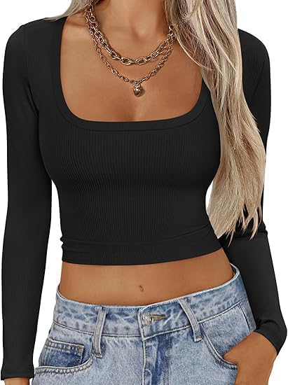 ELESOL Womens Long Sleeve Square Neck Crop Top Ribbed Slim Fitted Going Out Y2K Tops Casual Basic Shirts Tee