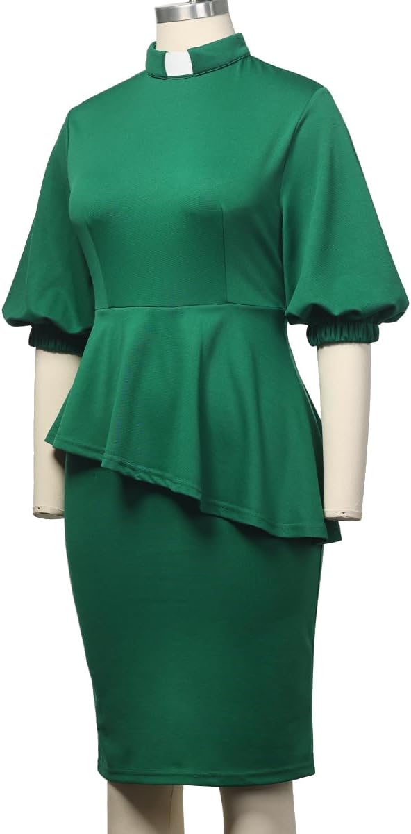 Church Clergy Dress for Women 3/4 Sleeve Irregular Ruffle Pencil Dress with Tab Collar - Image 5