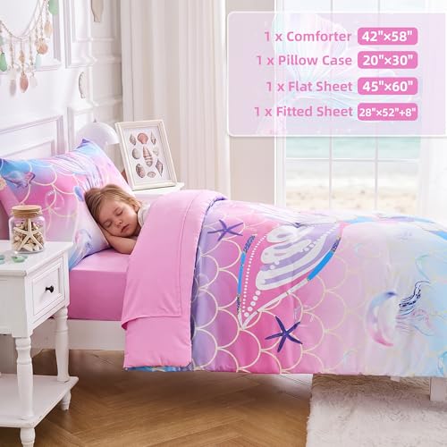 Image of VIVILINEN Mermaid Tail Toddler Bedding Set for Girls, 4 Piece Glitter Toddler Bed Sheets with Boho Toddler Comforter, Fitted Sheet, Flat Sheet and Pillowcase, Pink Blue