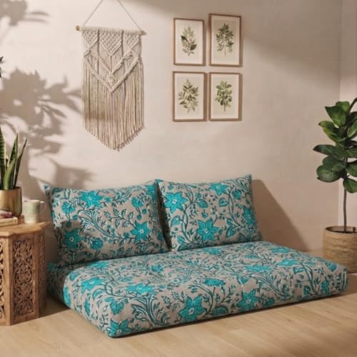 Image of Low Seating Floor Cushion 70 x 110 cm with 2 Back Support Cushions | Thick Quilted Cotton Floor Mattress Pad for Sitting, Meditation, Yoga & Living Room Floor Seating (Mustard Rust Floral)