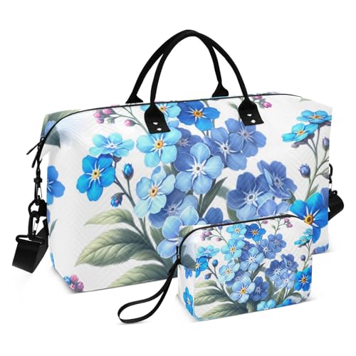 Watercolor Forget-me-not Pattern Duffle Bags for Women Men Waterproof Weekender Overnight Bags Hospital Bag Large Tote Bag with Toiletry Bag for Yoga Gym Travel Sport Hospital
