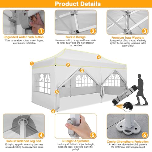 Image of HOTEEL 10x20 Heavy Duty Pop Up Canopy Tent with Sidewalls, Commercial Outdoor Canopy Tents for Parties Event Wedding with Roller Bag, Waterproof & UV 50+, Upgraded Thickened Hexagonal Legs, White