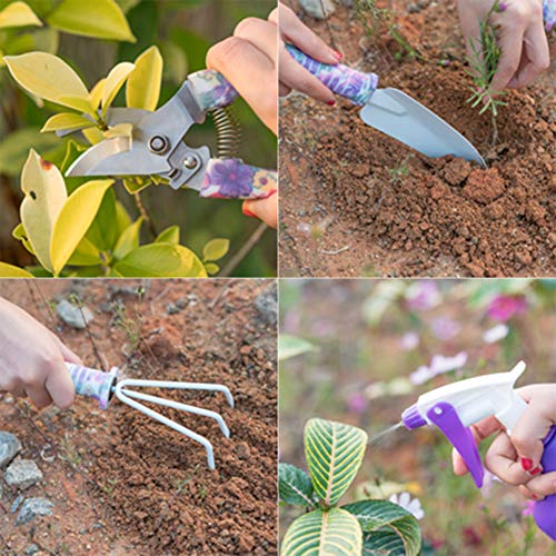 Garden Tool Set, Potable Durable Gardening Planting Tools Gift Kit with Non-Slip Rubber Grip, Including Anti-Rust Trowel, Cultivator, Pruning Shear, Water Sprayer and Case(5 Piece)