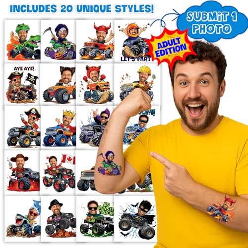 Image of Custom Monster Truck Temporary Tattoos for Kids, Set of 20 | Personalized Pre-Cut Face Photo, Birthday Party Favors, For Boys & Monster Truck Fans, Unique Celebration Gifts
