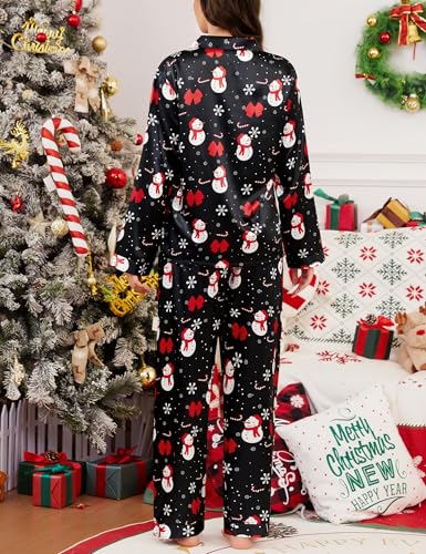 Image of SWOMOG Long Sleeve Pajamas Set Silk Satin Sleepwear Button Down Pjs Loungewear with Pocket