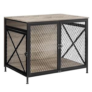 DWANTON Dog Crate Furniture, 31.5″ L Three-Door Wooden Dog Kennel Indoor, Connectable Expansion, Wooden Dog Crate Table for Medium/Large Dog, Dog House, Dog Cage Large, Greige