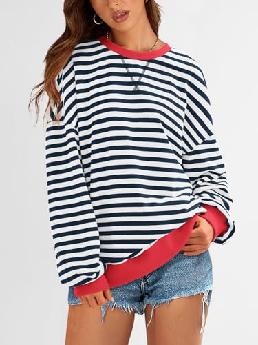 Image of PRETTYGARDEN Womens Striped Oversized Sweatshirt Color Block Crew Neck Long Sleeve Casual Loose Pullover Top Y2K Clothes