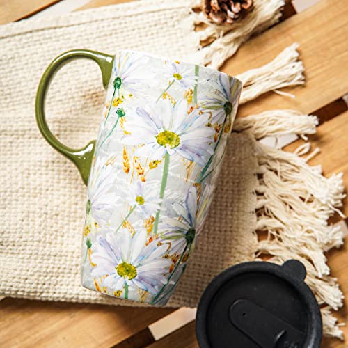 Topadorn Ceramic Travel Mug with Lid Coffee Mug with Gift Box Latte Mug Coffee Cup, 17oz Large Capacity Mug Home Office Gift, Daisy - Image 3
