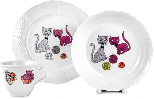 Juego de 3 platos y tazas de porcelana de 7.6 fl oz (7.6 fl oz) para niños, juego de vajilla de porcelana para niños, plato plano profundo y taza