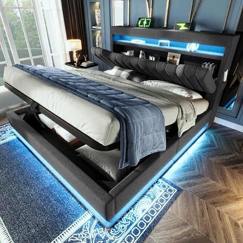 Polsterbett Doppelbett 140x200, LED Jugendbett Hydraulisches Bett Stauraumbett Funktionsbett Bettgestell mit Stauraum&Lattenrost, Stauraum-Kopfteil...