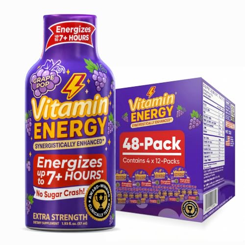 Image of Vitamin Energy Grape Pop Extra Strength Energy Shot, 48 Pack - Up to 7 Hrs, 260mg Natural Caffeine, Zero Sugar - Green Tea Extract, Immune Support, B12 B6 Niacin, 1.93 fl oz, Keto Vegan