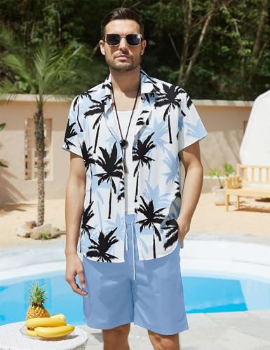 Image of Yimoon Men's Summer 2 Piece Outfits Tropical Print Short Sleeve Button Down Hawaiian Beach Shirt and Shorts Set