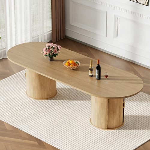 Image of 63 inch-94 inch Large Oval Extendable Dining Table for 6 8 10, Wooden Expandable Kitchen Table with Fluted Cylindrical Storage Base, Modern Farmhouse Expanding Table for Dinner Party Family Gathering, Natural