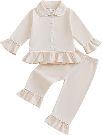fhutpw Toddler Baby Girls Pajamas Set Cotton Long Sleeve Ruffle Button PJs