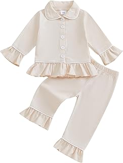 Toddler Kids Baby Girl Pajamas Set Solid Color Ruffle Long Sleeve Button Shirt Top Pants Cotton Infant 2Pcs Pjs Set