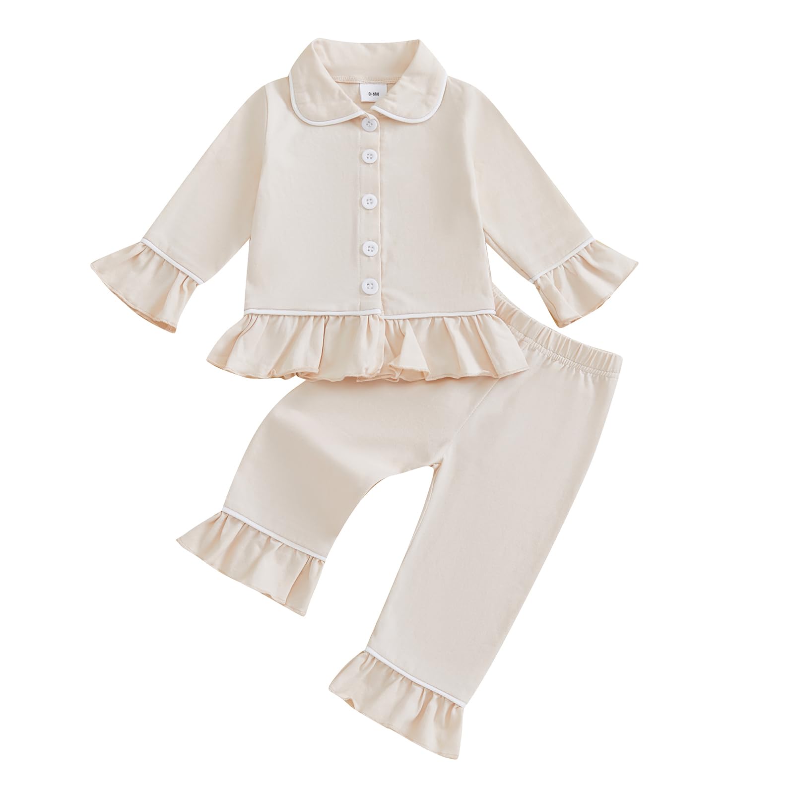 fyclemt Baby Girls Ruffled Cotton Pajamas Set Long Sleeve Button Down Shirts Flared Pants Satin Silk Cute Pjs Matching Lounge Sets (Champagne, 12-18 Months)