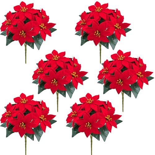MARTINE MALL 6 Packs Poinsettia Flowers Artificial, 7 Heads Poinsettia Christmas Decoration, Velvet Poinsettia Bouquet Christmas Flowers Poinsettia Bush for Christmas Xmas Tree Porch Home Decoration