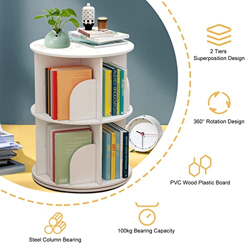 Bjtdllx Rotating Bookshelf, 2 Tiers Freestanding Storage Shelf, 360° Rotating White Bookshelf Round Bookcase Magazines A4 Papers Organizer, For Home Office Living Room 15.7X15.7X23.6In, White 2 Tiers #TOP4