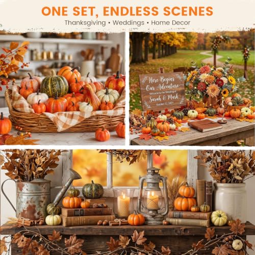 HAKACC 14 PCS Artificial Mixed Pumpkins for Decorating, Fake Pumpkins with 30PCS Fake Maple Leaves Thanksgiving Fall Harvest Decorations for Home, Fall Table Decor