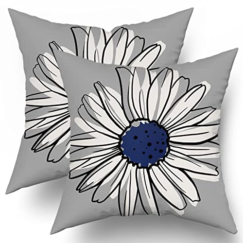 Navy Blue Daisy Pillow Covers 18X18 In Spring Summer Floral Couch Pillow Cases Modern Abstract Flower Throw Pillows Set Of 2 Home Decor For Living Room Bedroom Cushion Outdoor #TOP29
