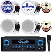 Sound System Kit - 1000 W Bluetooth Amplifier w/ 4 Qty of 8" Framed Ceiling Speakers 300 W Each, Professional Mic, 100 ft Speaker Wire & Remote Perfect for Home, Office, Bar, Restaurant by Vaiyer