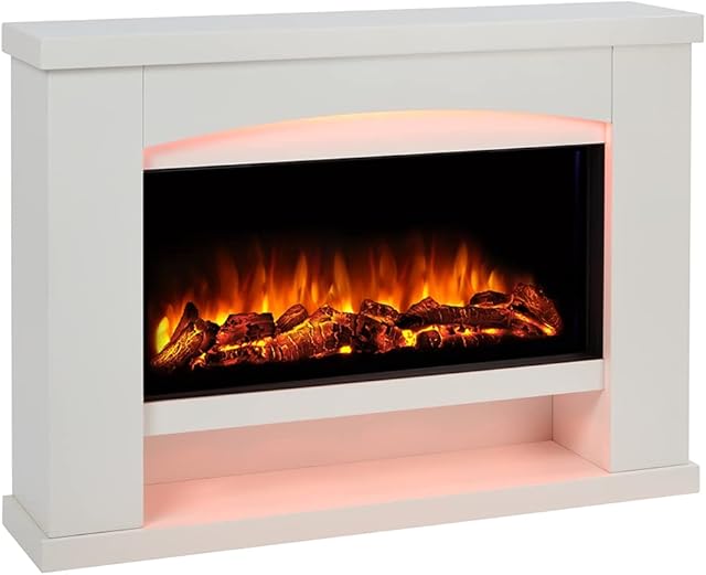 Endeavour Fires Duggleby Electric Fireplace Suite 48" and Realistic Flame Effect Fire with 7 day Programmable Remote Control In an Off White Surround and Hearth