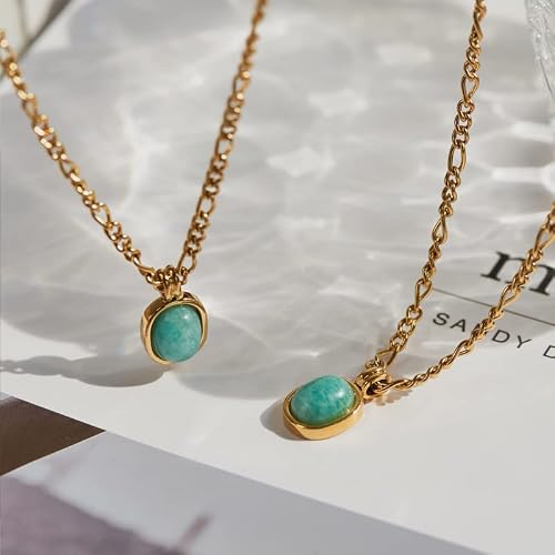 Unilogue Mint Green Oval Natural Stone Holiday Style Roman Amazonite 18K Gold Plated Titanium Steel Necklace Choker Chain #TOP2
