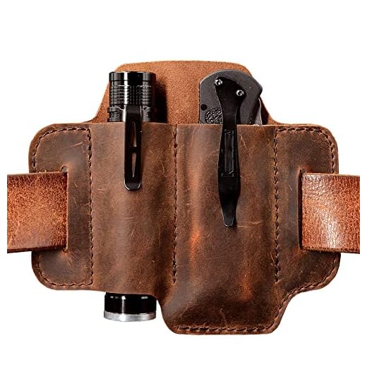 XL EDC Leather Belt Sheath Organizer for 4.5" - 5" Folded Knives Tactical Flashlights Tools, EDC Pocket Organizer Pouch for Regular EDC Knife, EDC Leather Sheath Holster. Chestnut.