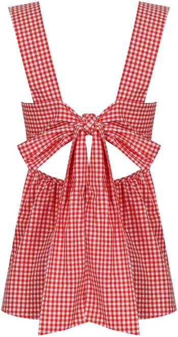 Women Y2k Going Out Tank Tops Gingham Square Neck Peplum Cami Tank Sleeveless Backless Shirt Bowtie Blouse Summer - Image 5