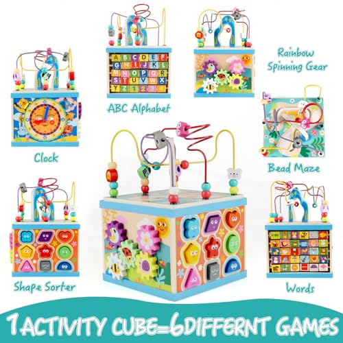 Image of Qilay Wooden Activity Cube for Toddlers, 5 in 1 Multipurpose Abacus Early Educational Montessori Toys, Learning Toys for Kids | Bead Maze, Great for Boys Girls