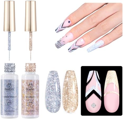 Beetles Silver & Golden Nail Art Gel Liner 2 Pcs Reflective Glitter Gel Nail Polish Soak Off Uv Lamp for Thin French Line Nails Manicure Nails Art Brush Paint