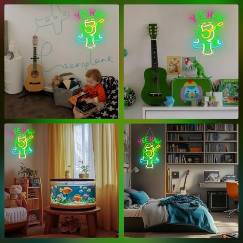 Image of Yee Haw Frog Neon Sign Guitar LED Light 13x16 Inch Cartoon Cowboy Frog Neon Signs for Bar Pub Man Cave Bedroom Game Room Wall Decor Music Fans Gift