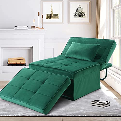 Sofa Bed, Tufted Folding Sofa Bed, 4 in 1 Multi-Function Convertible Sofa Chair Ottoman Sleeper Chair Bed with Adjustable Backrest, Mid-Century Soft Tufted Velvet Guest Bed (Green)