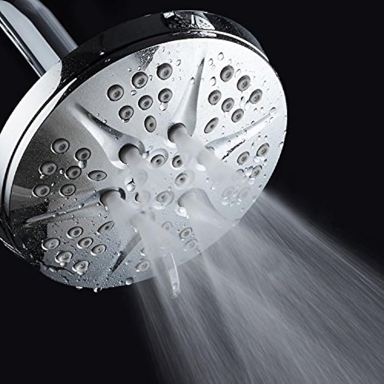 HOTEL SPA - Shower Head High Pressure - 6 Inch Rain Shower Head, 6-Setting - Notilus Showerhead with Brass Metal Connection Nut, Angle-Adjustable Ball Joint, Touch Clean Jets, Showerspa (Chrome)