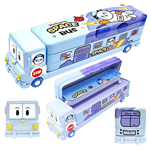Image of Party Propz School Bus Pencil Box Boys - Pack Of 2 Compass Box With Wheel, Stylish School Bus Pencil Box For Boys, Pencil Box Bus Toys For Kids 3+ Years Can Also Be Used As Kids Geometry Box, Blue