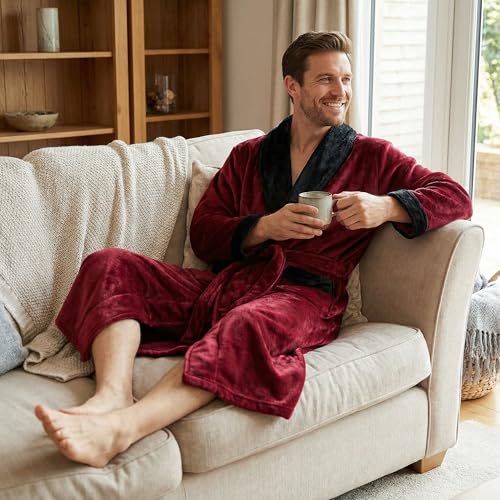 Image of U2SKIIN Mens Fleece Robe Plush Collar Shawl Bathrobe